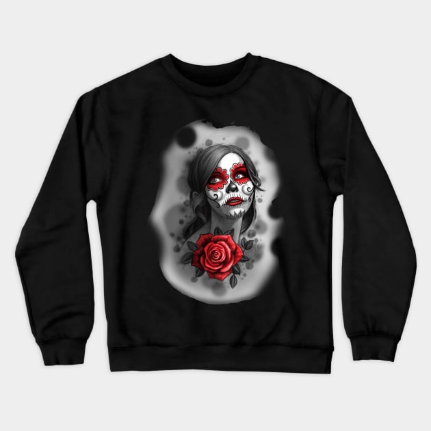 Day of the Dead Girl Red Makeup and Rose Pencil Sketch Crewneck Sweatshirt by ckandrus